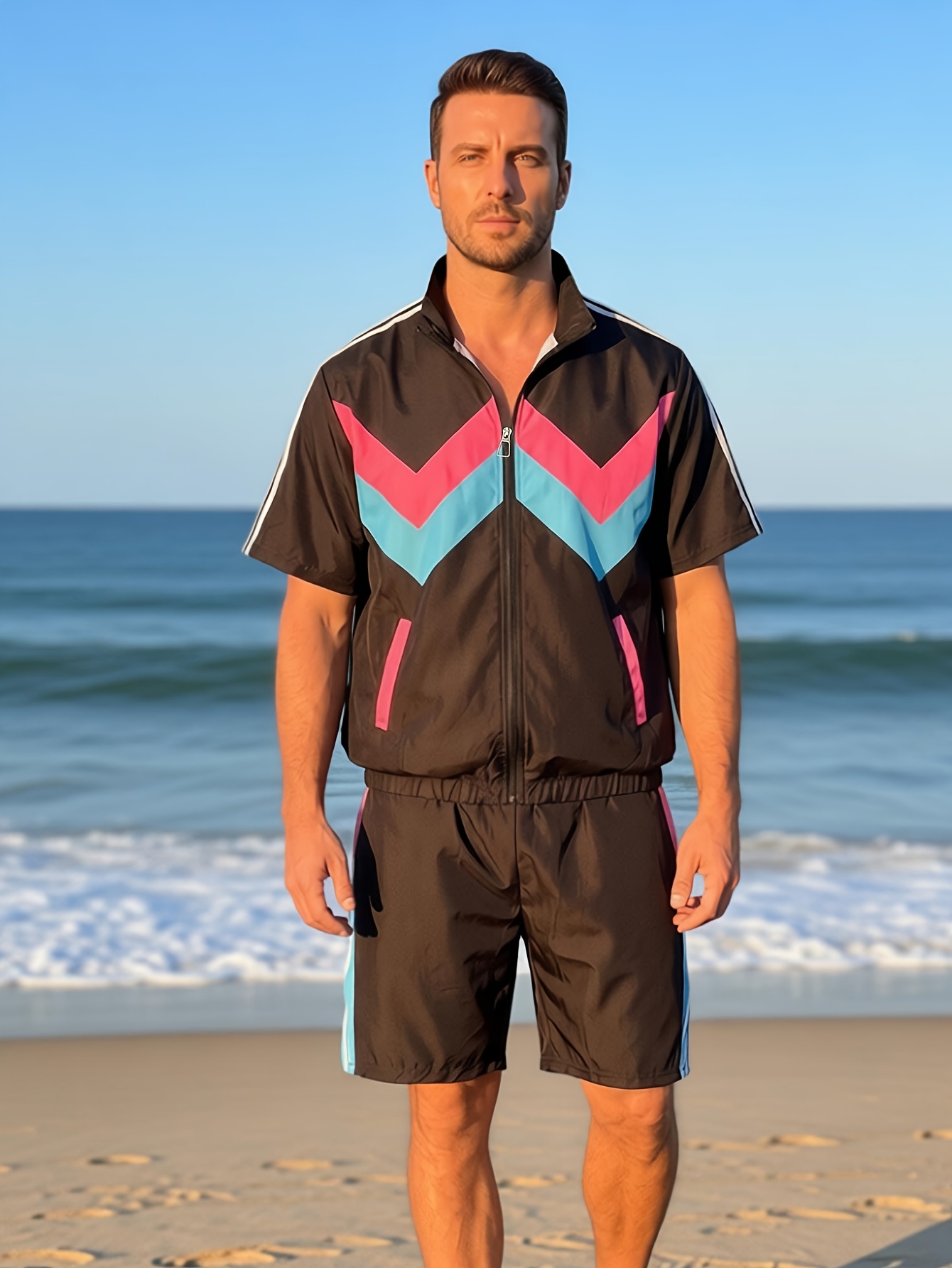 Men's 80s Workout Costume, Retro Color Block Sports Outfit